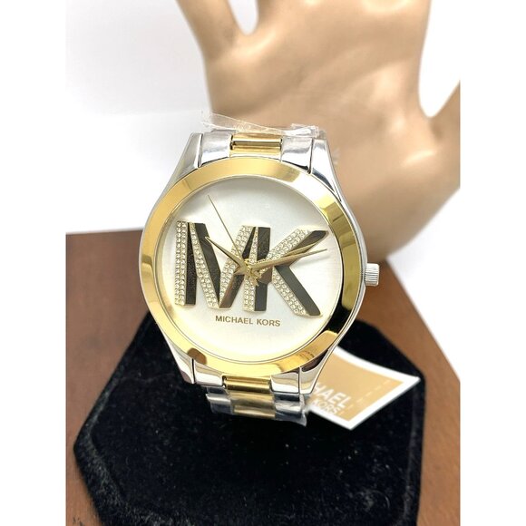 Michael Kors Women's Watch MK4735 Runway Quartz Silver Dial Two Tone Gemmed 42mm